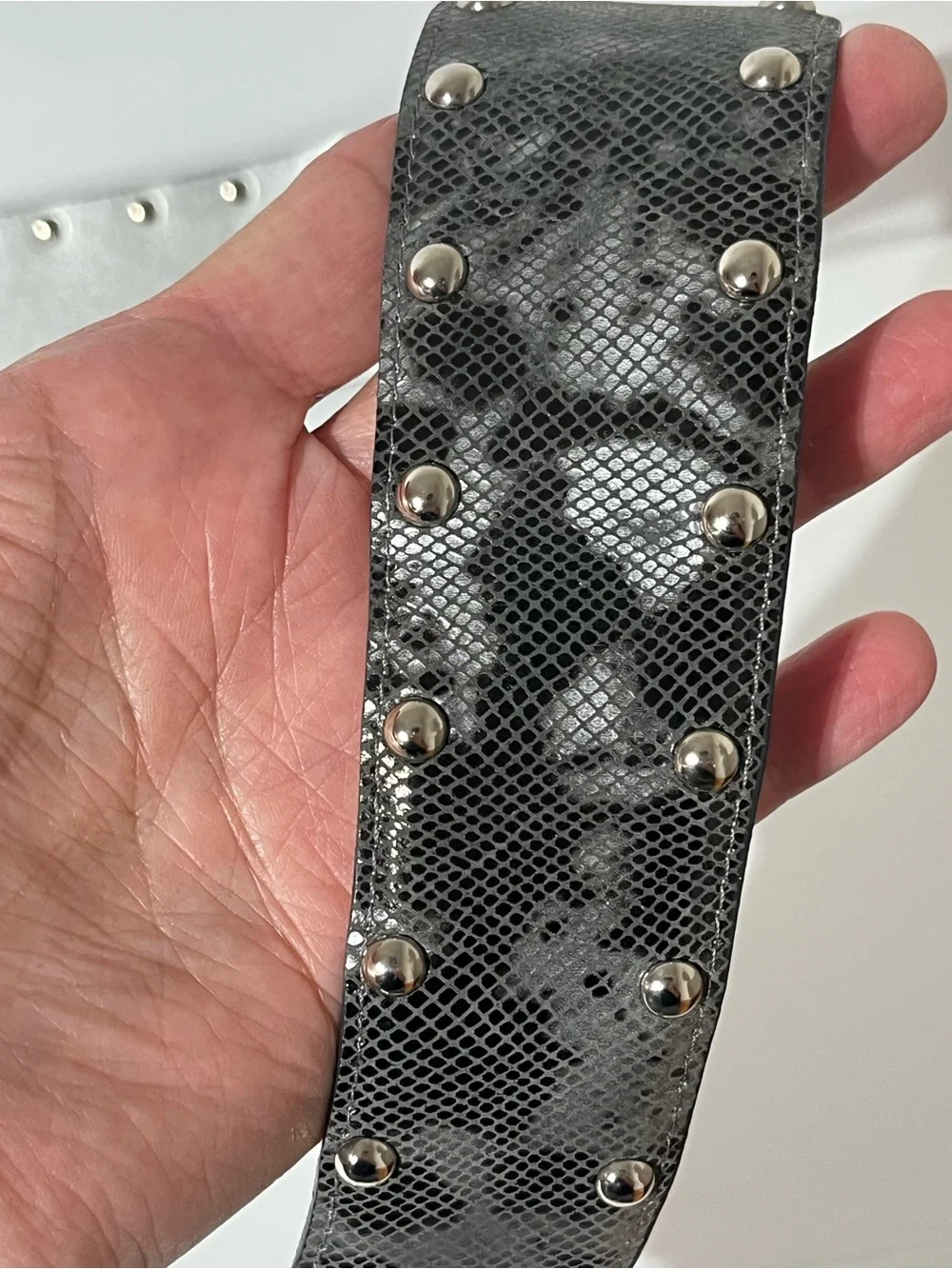 PER SE Vintage Wide Leather Cinch Belt Silver Snakeskin Studded USA Made